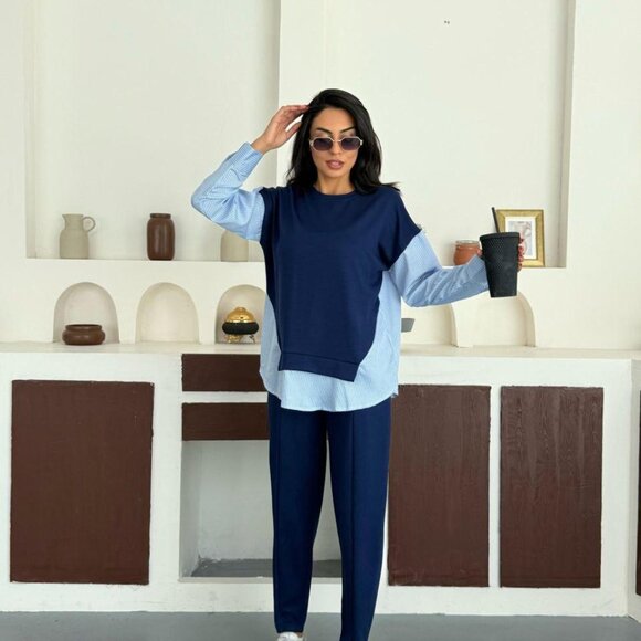 Stylish Long Sleeve Garnished 2-piece Suit Striped Sleeves - S, M, L, XL - Picture 1 of 4